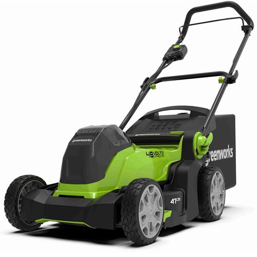 מכסחת דשא נטענת GREENWORKS 48V דגם 99722 עם שתי סוללות 2 אמפר ומטען כפול, גוף פולימר קל משקל 18 ק