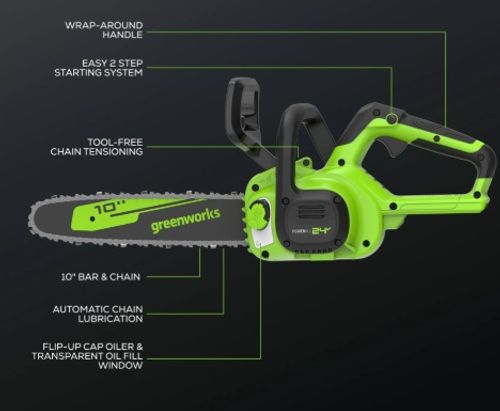 מסור שרשרת GREENWORKS 99701-1 נטען 24V עם להב OREGON 10 אינץ', סוללת 2 אמפר ומטען מהיר, מערכת שימון אוטומטית ומתיחת שרשרת ללא כלים