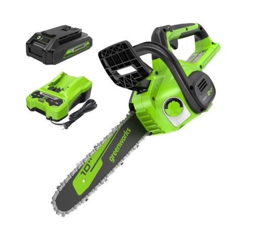 מסור שרשרת GREENWORKS 99701-1 נטען 24V עם להב OREGON 10 אינץ', סוללת 2 אמפר ומטען מהיר, מערכת שימון אוטומטית ומתיחת שרשרת ללא כלים