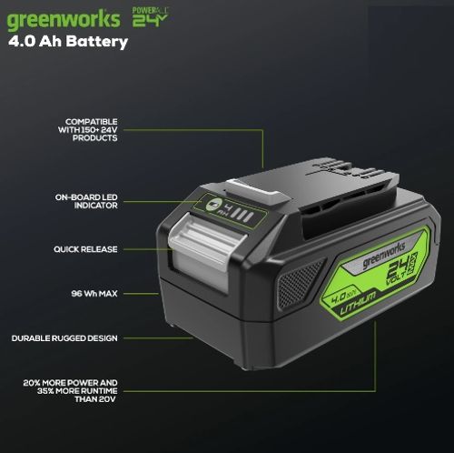 סוללת ליתיום GREENWORKS 24V 4.0Ah דגם 99583 עם תאי Panasonic ומחוון טעינה דיגיטלי