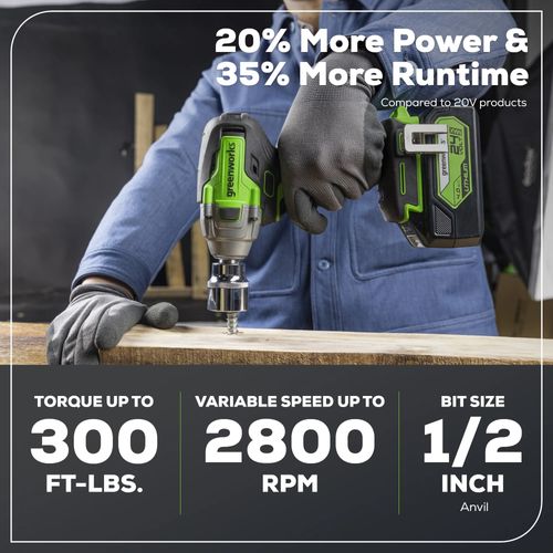 מפתח רטיטה GREENWORKS 24V דגם 3806902 עם מנוע Brushless, 3 דרגות מומנט 150/300/400Nm ותפסנית 