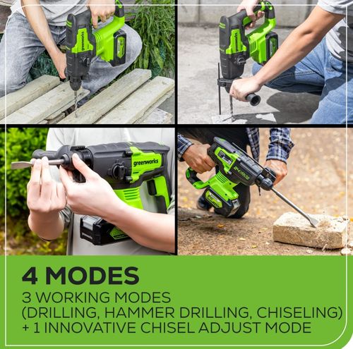 פטישון GREENWORKS 24V Brushless SDS-Plus דגם 99574/2.6 עם 4 מצבי עבודה, עוצמת הלימה 2J, תפסנית SDS-Plus ומערכת אנטי-ויברציה לקידוח בבטון עד 24 מ