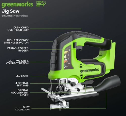 מסור אנכי GREENWORKS 24V Brushless דגם 99576-2 עם תאורת LED ובסיס מתכוונן לחיתוך מדויק