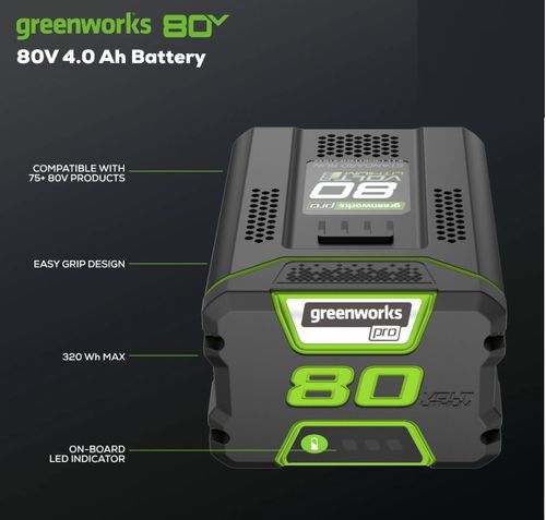 סוללת ליתיום GREENWORKS 80V PRO 4.0Ah דגם 99565 עם חיווי LED וטעינה מהירה 60 דקות
