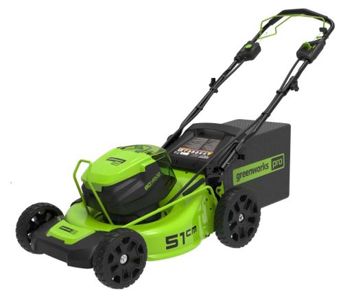 מכסחת דשא GREENWORKS 80V PRO דגם 99561 עם רוחב כיסוח 21 אינץ', הנעה עצמית, תא סוללות כפול, גוף מתכת מלא וטכנולוגיית Smart Cut לכיסוח מקצועי
