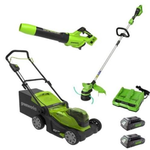 ערכת גינון Greenworks Triumph 48V הכוללת חרמש, מכסחת דשא ומפוח עלים עם סוללות ומטען כפול. פתרון מקצועי לגינון עם טכנולוגיית Brushless וסוללות 48V לביצועים מעולים.