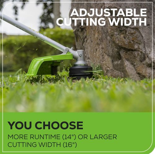חרמש נטען Greenworks 48V דגם 99532-3 עם מנוע Brushless, ראש מתכוונן, מוט טלסקופי, קוטר חיתוך 33 ס