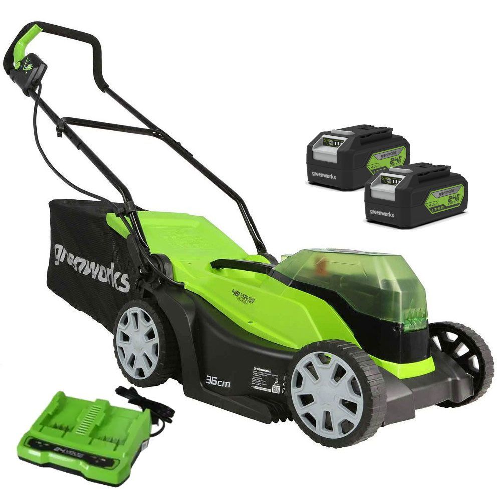 מכסחת דשא נטענת 48V Brushless רוחב 36 ס״מ (כולל 2 סוללות 4Ah ומטען) GREENWORKS 99518-2
