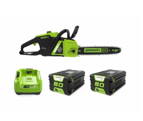 מסור שרשרת GREENWORKS PRO 80V דגם 99516-1 עם להב 12 אינץ', שתי סוללות 2 אמפר ומטען מהיר לביצועים מקצועיים