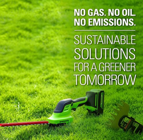 מגזמת שיחים וקוצץ שוליים GREENWORKS 24V דגם G24SHT עם שני להבים להחלפה מהירה, משקל 0.9 ק