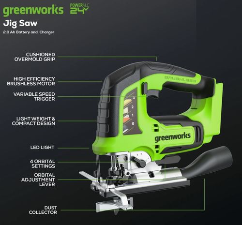 מסור אנכי GREENWORKS 24V דגם 99776-3 עם מנוע Brushless, פנדל 3 מצבים, סוללת 4 אמפר ומטען מהיר לחיתוך מדויק בעץ ומתכת