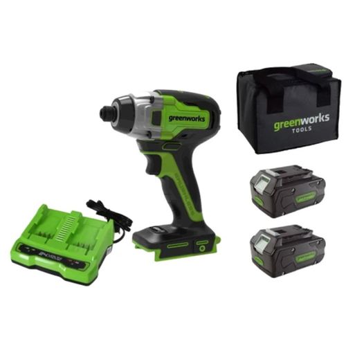 מברגת אימפקט GREENWORKS 24V דגם 99771-1 עם מנוע Brushless ומומנט 300Nm, כוללת שתי סוללות 4 אמפר, מטען כפול, תפס חגורה ותיק נשיאה