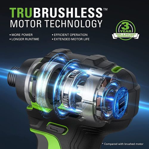 מברגת אימפקט GREENWORKS 24V דגם 99771-1 עם מנוע Brushless ומומנט 300Nm, כוללת שתי סוללות 4 אמפר, מטען כפול, תפס חגורה ותיק נשיאה