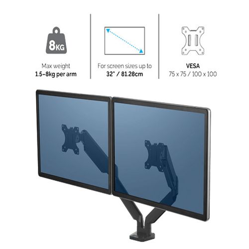 זרוע מתכווננת ל 2 מסכים שחור Platinum Fellowes במלאי