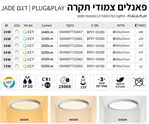 פאנל על הטייח שחור דק במיוחד CCT JADE 23CM 20W מבית BRAYTRON