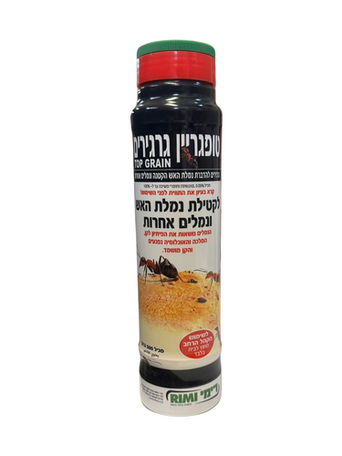 אריזת טופגריין גרגירים בצבע כחול-ירוק על רקע ירוק עם תמונות נמלים. פיתיון גרגירי להדברת נמלת האש הקטנה ונמלים אחרות, בעל פעילות הדברה יסודית, עם טבלת הוראות שימוש מפורטת למקומות טיפול שונים.