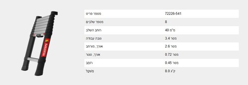 סולם טלסקופי איכותי תוצרת שוודיה 2.6 מטר 8 שלבים קל משקל 72226-541 PRIME LINE 2.6 M