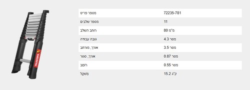 סולם טלסקופי איכותי תוצרת שוודיה 3.5 מטר 11 שלבים קל משקל 72235-781 PRIME LINE 3.5 M