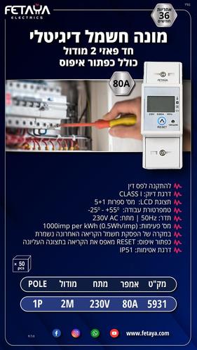 מונה חשמל דיגיטלי 1X80A חד פאזי 2 מודול - כולל כפתור איפוס