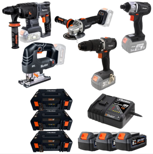 סט מודולרי בראשלס נטען - 5 כלים + 3 סוללות 5Ah + מטען + 3 מזוודות HUNTER