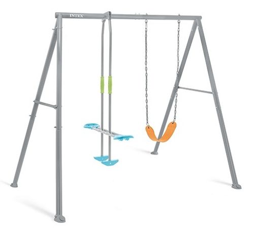 מתקן חצר ממתכת ל 3 לילדים עם 2 נדנדות - אפור