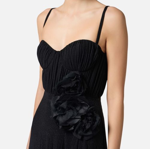 Red Carpet dress made of lurex jersey fabric with embroidered flower