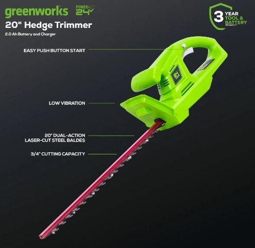 גוזם גדר חיה GREENWORKS 24V דגם 99705-4 עם להב כפול 20 אינץ', סוללת 2 אמפר ומטען מהיר לגיזום מדויק של שיחים וגדרות חיות