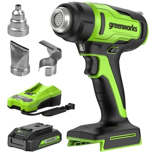 אקדח חום נטען GREENWORKS 99630-1 24V עם סוללת 2 אמפר ומטען, מגיע לטמפרטורה של 500 מעלות תוך 9 שניות, כולל נעילת הדק ותאורת LED לעבודות חימום והלחמה מקצועיות