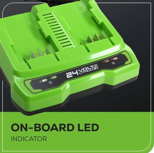 מטען מהיר כפול GREENWORKS 99594 עם שני תאי טעינה לסוללות 24V, מאפשר טעינה במקביל של שתי סוללות עם זמני טעינה מהירים לסוללות 2.0Ah עד 8.0Ah
