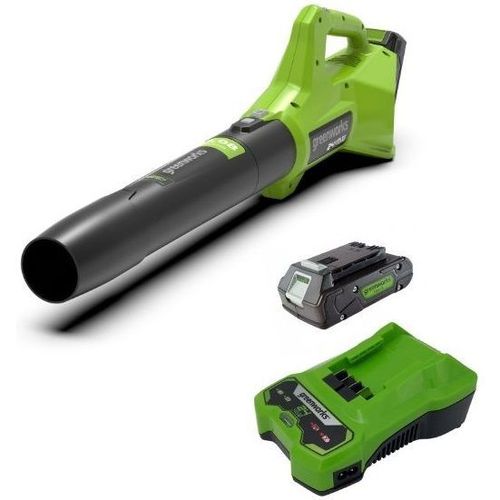 מפוח עלים GREENWORKS GEN2 24V דגם 99506-10 עם סוללת 2 אמפר ומטען מהיר לתחזוקת גינות ומרפסות, מהירות אוויר 145 קמ