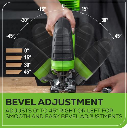 מסור אנכי GREENWORKS 24V דגם 99776-3 עם מנוע Brushless, פנדל 3 מצבים, סוללת 4 אמפר ומטען מהיר לחיתוך מדויק בעץ ומתכת