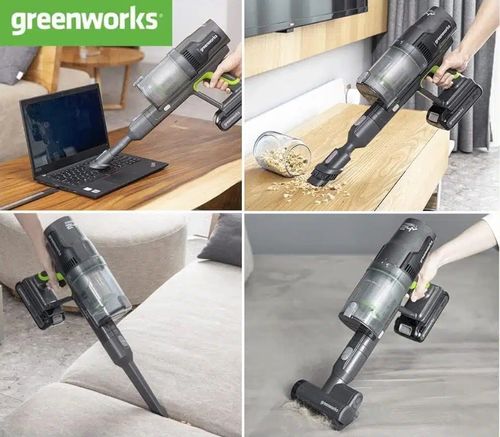 שואב אבק נטען GREENWORKS 24V דגם 99780-1-2 עם מנוע 500W, כוח יניקה 170AW, סוללת 4 אמפר ומטען מיקרו. מצויד במסנן HEPA ופועל בשקט של 73 דציבל.