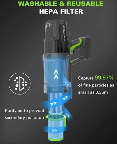 שואב אבק נטען GREENWORKS 24V דגם 99780-1-2 עם מנוע 500W, כוח יניקה 170AW, סוללת 4 אמפר ומטען מיקרו. מצויד במסנן HEPA ופועל בשקט של 73 דציבל.