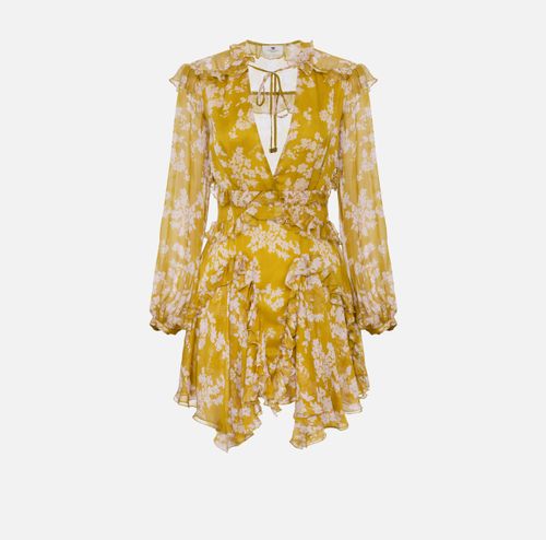 Silk voile printed dress with ruffles