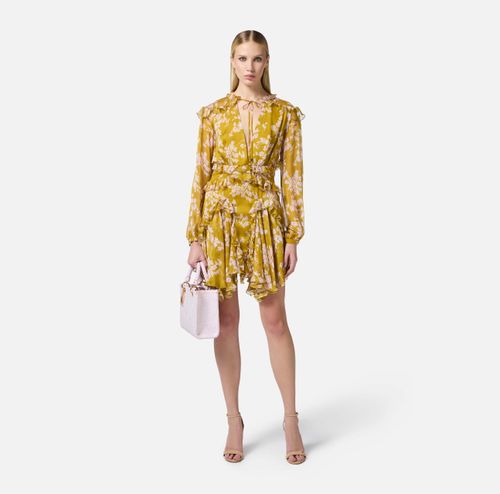 Silk voile printed dress with ruffles
