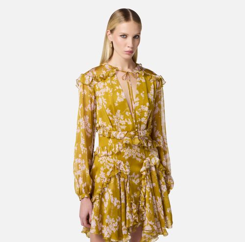 Silk voile printed dress with ruffles