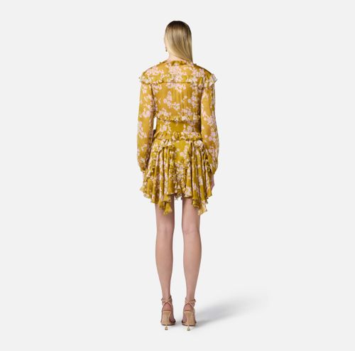 Silk voile printed dress with ruffles