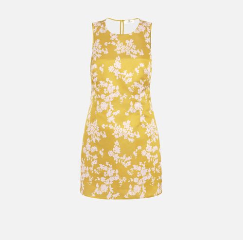 Dress in printed duchess satin and tulle fabric