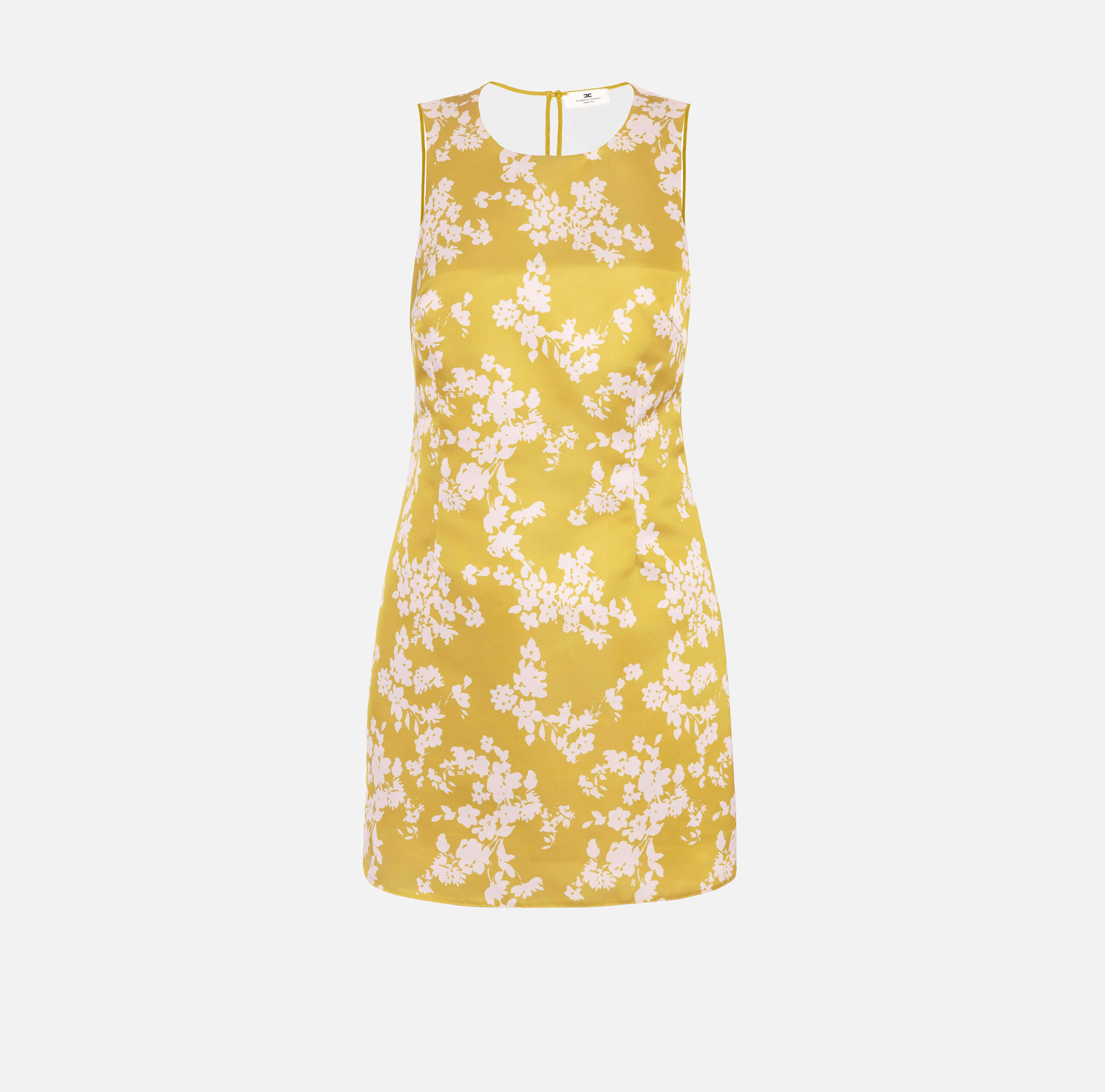 Dress in printed duchess satin and tulle fabric