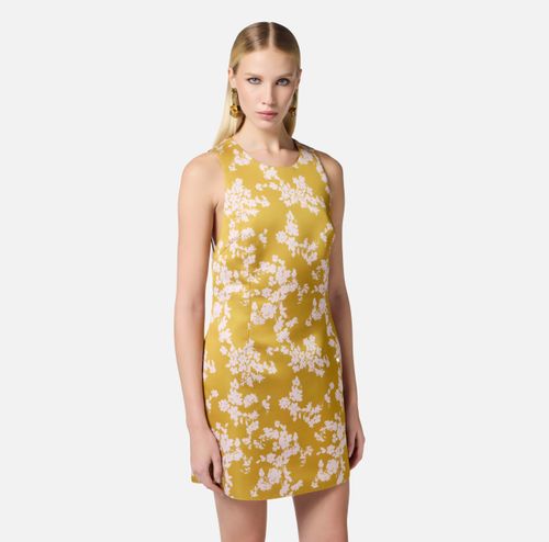 Dress in printed duchess satin and tulle fabric