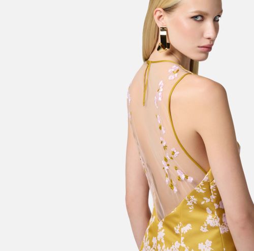 Dress in printed duchess satin and tulle fabric