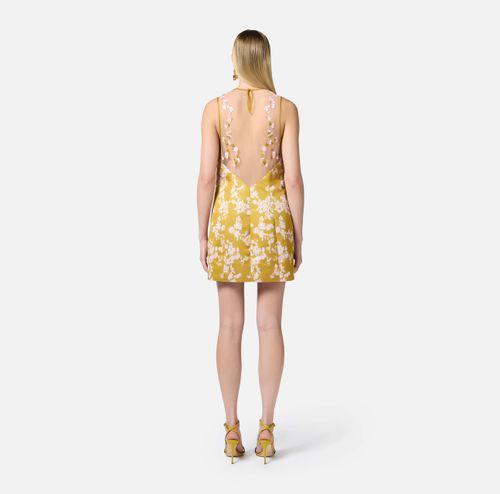 Dress in printed duchess satin and tulle fabric