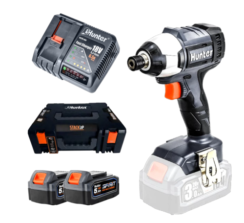 סט מברגת אימפקט 320N.m 18V + משחזת זוית 18 וולט BRUSHLESS +  זוג סוללות 5AH ומטען + מזוודה מקצועית 102705-001.2 Hunter