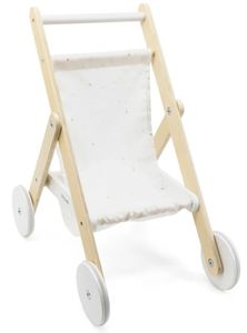 עגלת עץ מתקפלת לבובה עם גלגלים שקטים - לבן