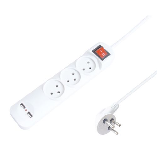 רב שקע 3 יציאות + 2 שקעי 2.1A USB + מז''