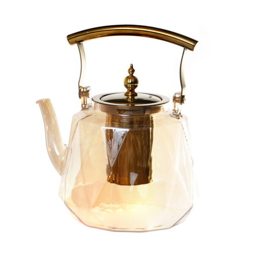 קנקן תה זכוכית ענבר מסנן נירוסטה וידית זהב