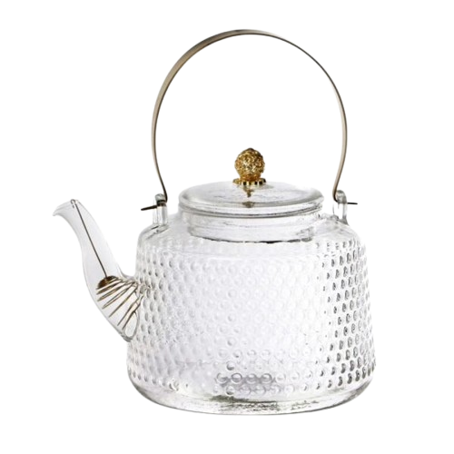  קנקן תה זכוכית שקופה רקועה וידית זהב