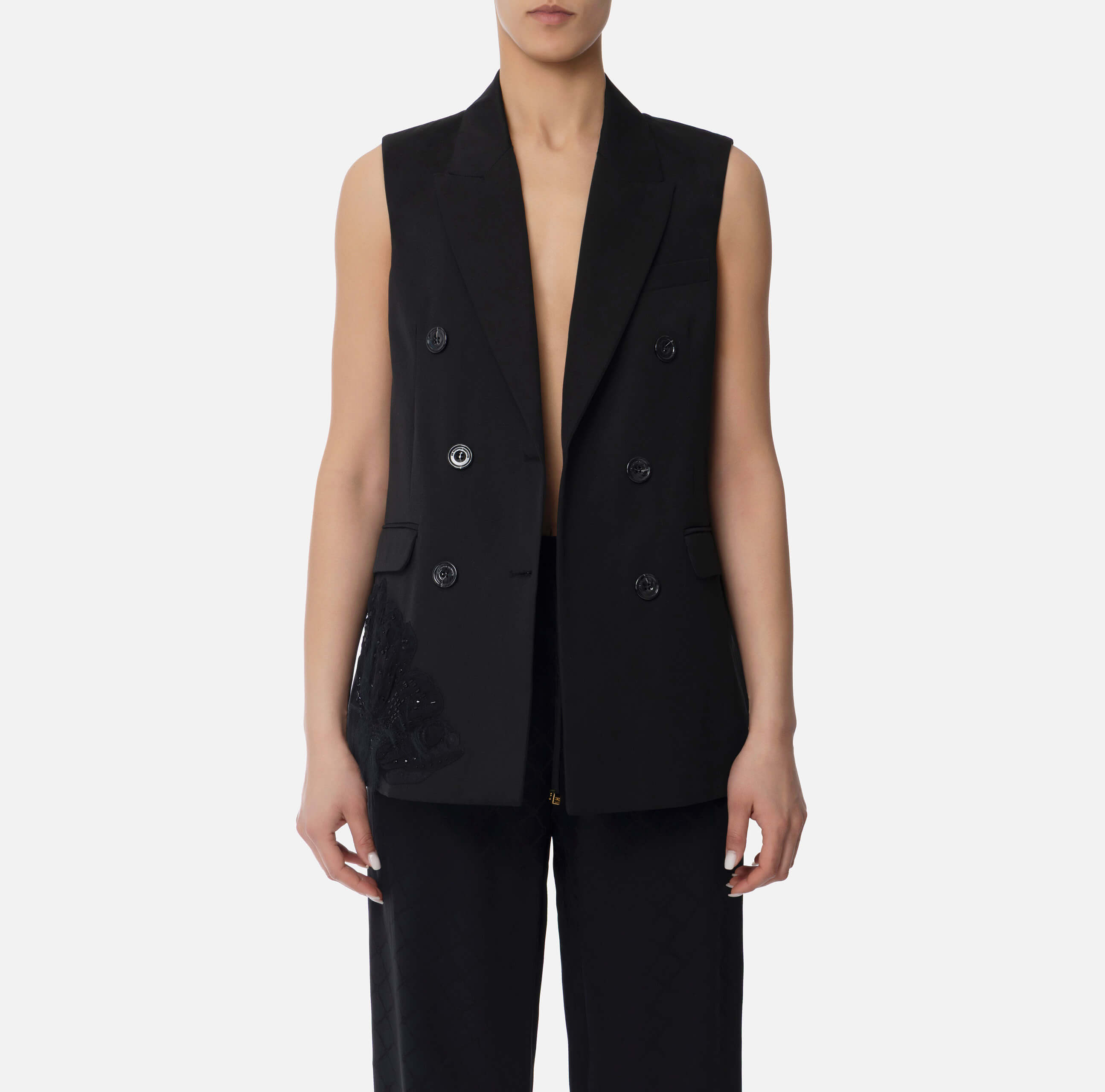 Cotton gabardine waistcoat with embroidered flower