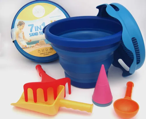 ערכת חוף 7 ב-1 כחול CompacToys - דלי מתקפל וכלי חול צבעוניים