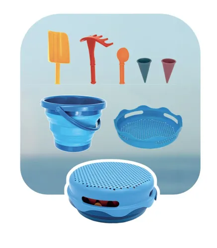 תצוגת תכולת כל 7 חלקי ערכת חוף CompacToys